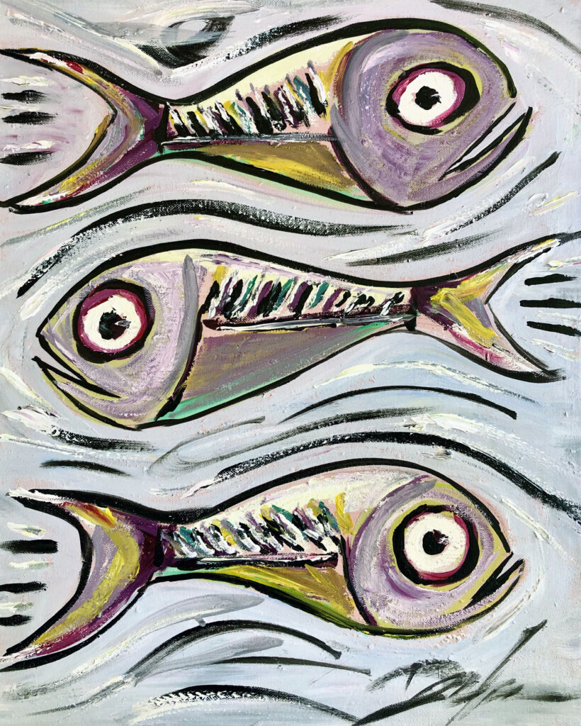 Abstract fish, oil on canvas painting by artist Kevin Doyle.