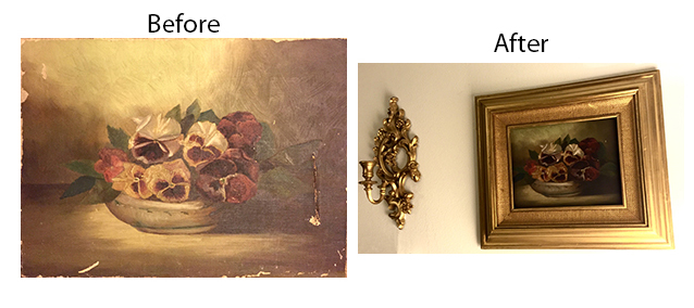 Art restoration: This before and after shows a still life antique oil painting that was damaged and dirty before Michael rescued and restored it.