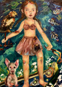 With a falcon perched on her arm and her dog at her side, she sails through a school of fish, armed with her slingshot and the pearls resting at her feet in the oil painting titled, “Beginner’s Luck” by artist Shiueh Lih.