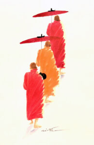 “Bhikkhus,” a watercolor painting donated to The Michael Aaron Gallagher Fine Art Collection.