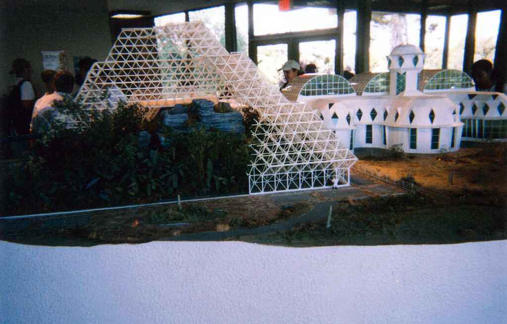 A miniature architectural model of the Biosphere 2 Center in the original Visitor’s Center in 1998.