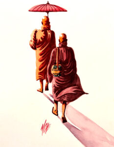 Watercolor painting of Buddhist monks donated to The Michael Aaron Gallagher Fine Art Collection.