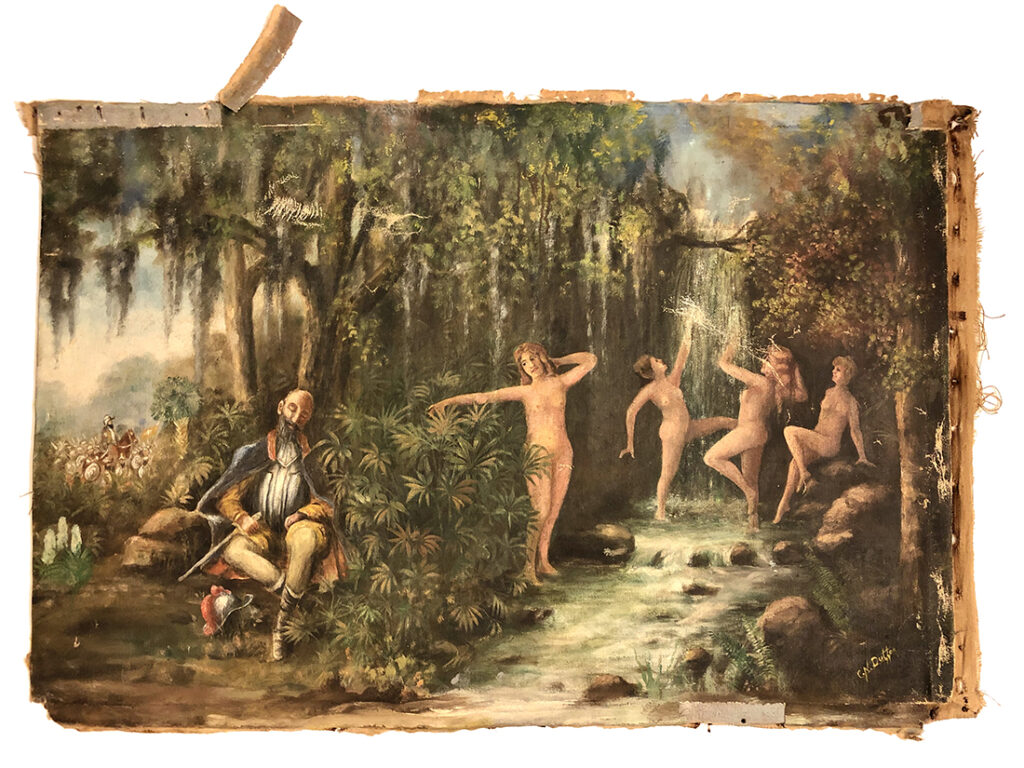 Art Restoration: This damaged oil on canvas by C.N. Dutton is one of several paintings Michael Aaron Gallagher is working to restore.