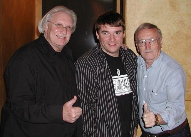 Michael Aaron Gallagher (center) poses with actor Russ Streiner (left) from "Night of the Living Dead" and screenwriter John Russo (right) to celebrate the 40th Anniversary of the film.