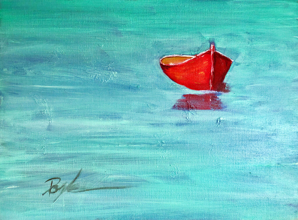 The red boat, oil painting by artist Kevin Doyle.