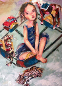 Titled “Philosopher,” this oil painting by artist Shiueh Lih shows a girl surrounded by toys that include a Ferris wheel, owl, horse, unicorn and car.