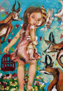 In the oil painting titled “Promised Land” by artist Shiueh Lih, a young girl holds a red cage in one hand and a rabbit in the other, while gazelles leap around her in a field of flowers and a pair of birds kiss in mid-air.