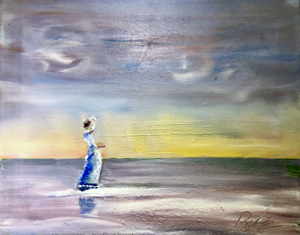 Woman on the beach, oil painting by artist Kevin Doyle.