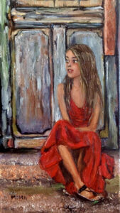 “Gypsy girl in a red dress.” Oil painting by Maria O’Dell.