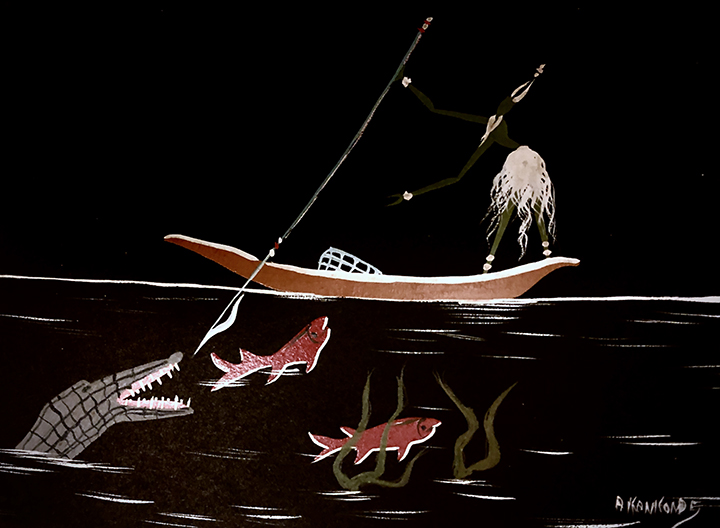 An African hunting and fishing scene by artist A. Kankonde of Zambia.