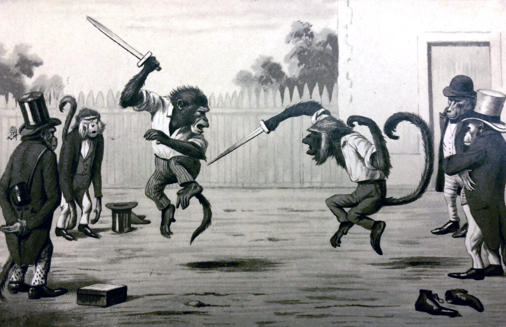 “Monkey Sword Fight” by artist Maurice Boulanger, published by Raphael Tuck & Sons in the early 1900s.