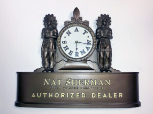 One of my favorite pieces of Nat Sherman memorabilia, this Authorized Dealer clock is modeled after the famous clock that adorned the front of the Nat Sherman Townhouse in New York City.