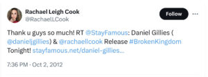 Rachael Leigh Cook Twitter message to Michael Aaron Gallagher