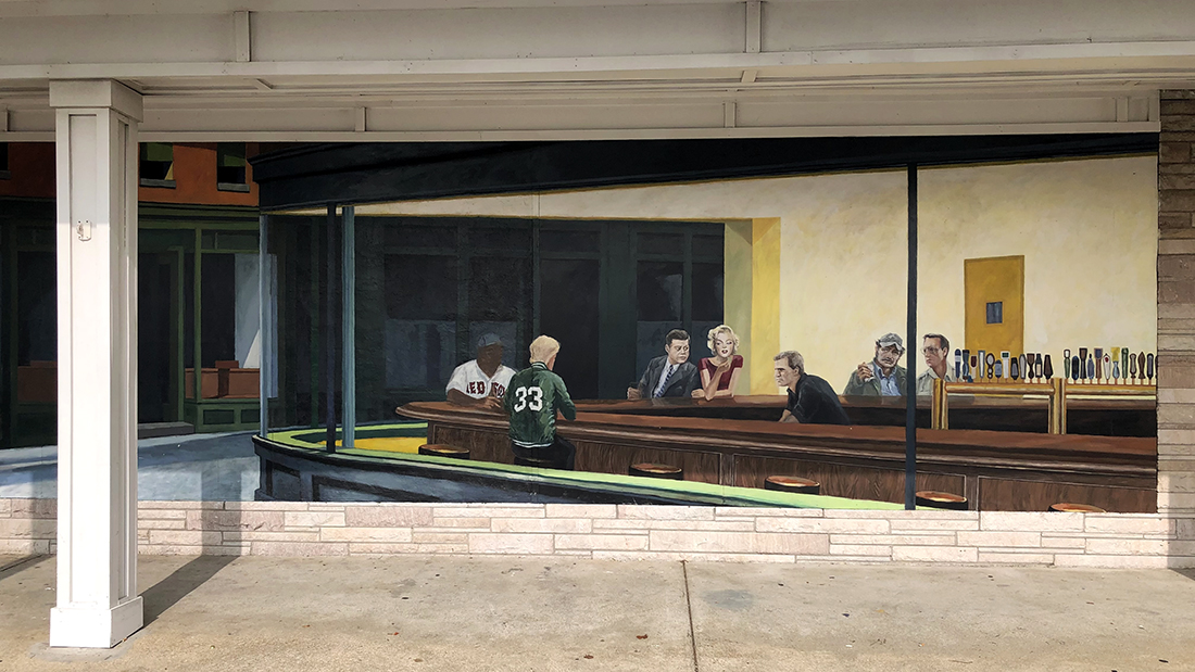 Like the celebrity filled "Boulevard of Broken Dreams" by Gottfried Helnwein, which was inspired by the Edward Hopper painting "Nighthawks," this Cape Cod inspired version of the artwork is painted on the wall of the Marine Liquors Beer and Wine store in Dennis, Massachussetts. The extraordinary mural features President John F. Kennedy, Marilyn Monroe, Roy Schneider from Jaws and other well known characters from the area. Photo by Michael Aaron Gallagher.