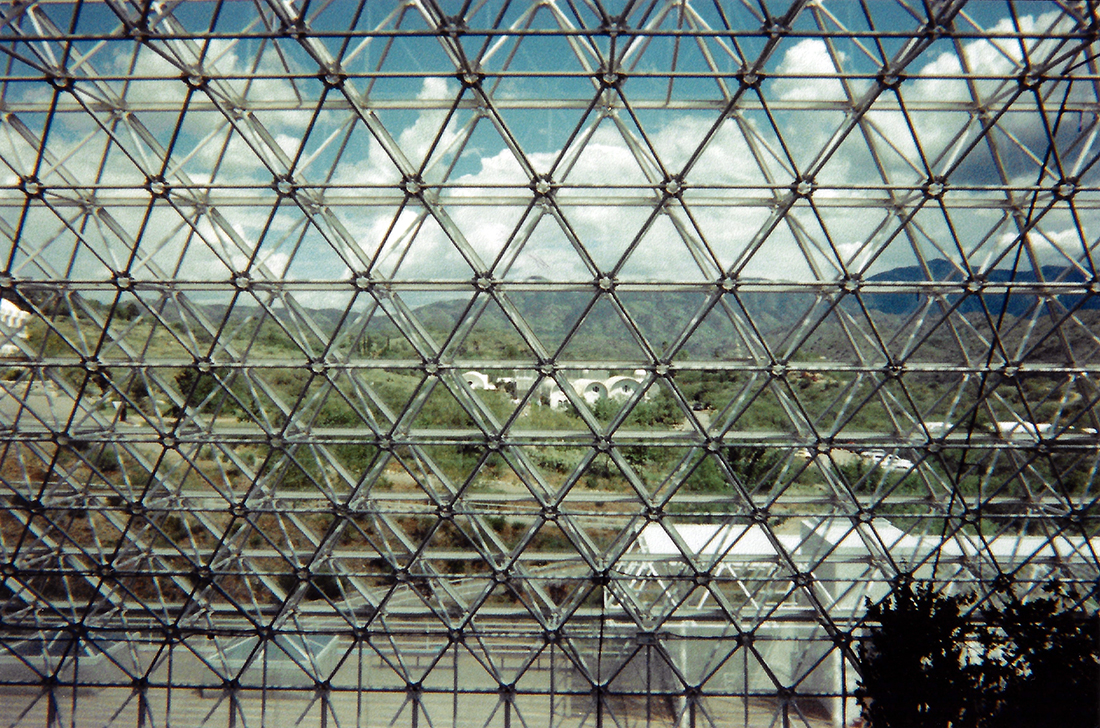 Taken in 1998, before the Biosphere 2 Center was opened to the public for tours, this picture shows the spaceframe from the inside of the top secret research facility. Photo by Michael Aaron Gallagher.