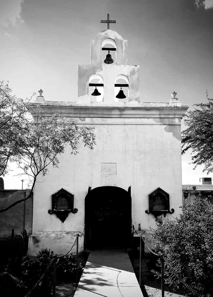 San Xavier del Bac Mission Chapel Black and White Photograph by Michael Aaron Gallagher