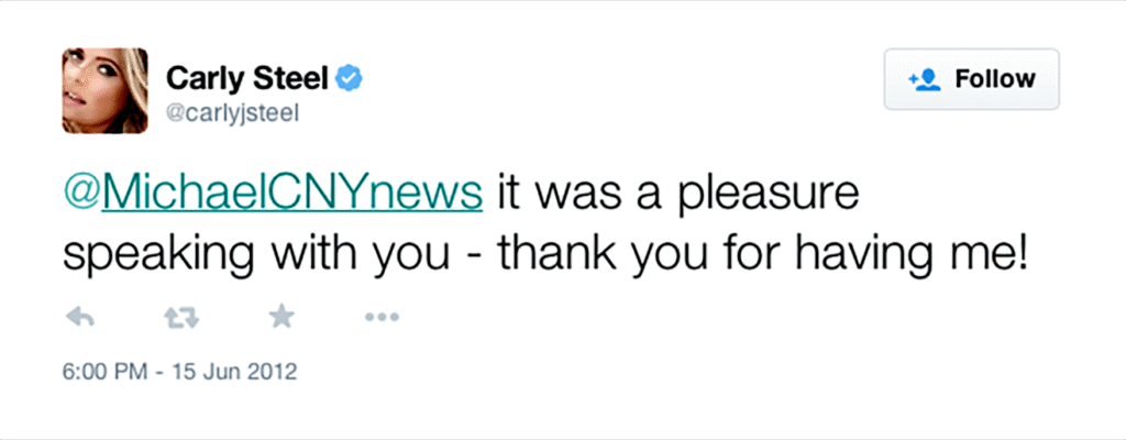 Carly Steel tweet to Michael Aaron Gallagher