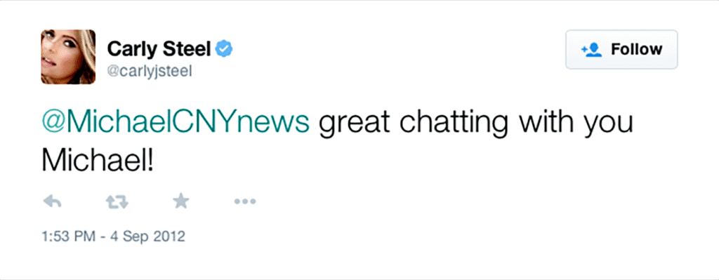 Carly Steel tweet to Michael Aaron Gallagher 2