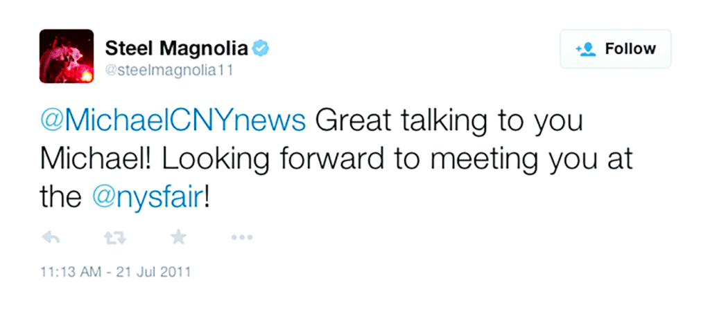 Steel Magnolia tweet to Michael Aaron Gallagher